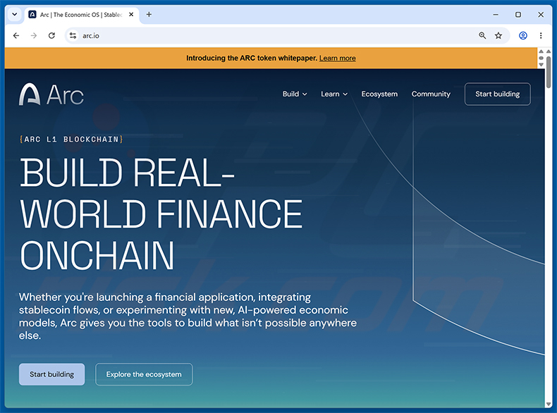 Echte Website von Arc Community Rewards Scam (arc.io)