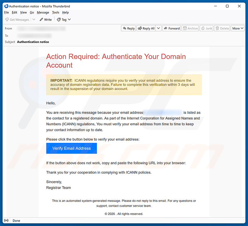 Spam-E-Mail-Kampagne Authenticate Your Domain Account