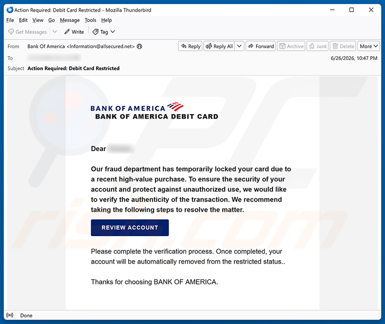 Spam-Kampagne der E-Mail Bank Of America Card Locked