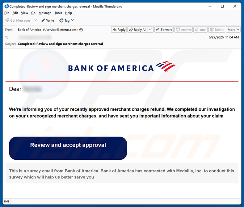 Bank of America - Merchant Charges Refund E-Mail-Spam-Kampagne