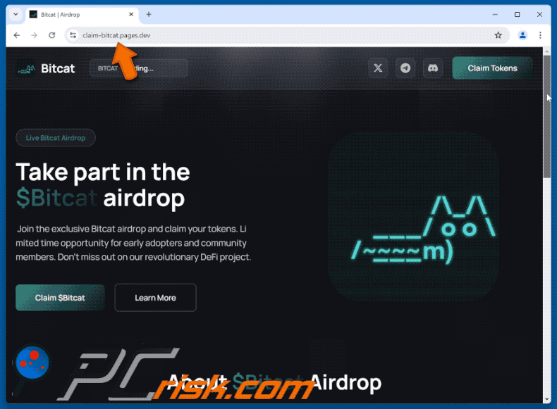 Erscheinungsbild des $Bitcat Airdrop Betrug (claim-bitcat.pages[.]dev) (GIF)