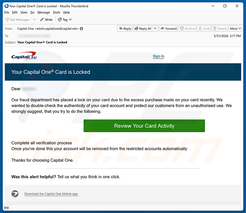 Capital One Card Is Locked E-Mail-Spam-Kampagne