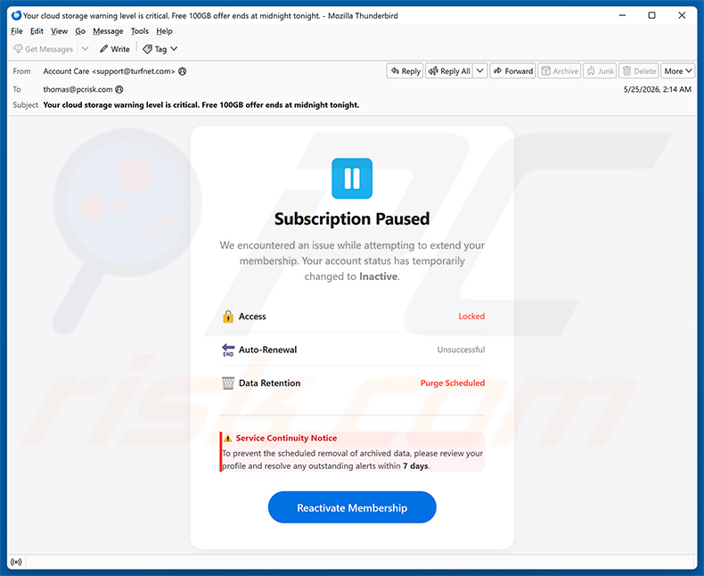 Cloud Subscription Paused E-Mail-Spam-Kampagne