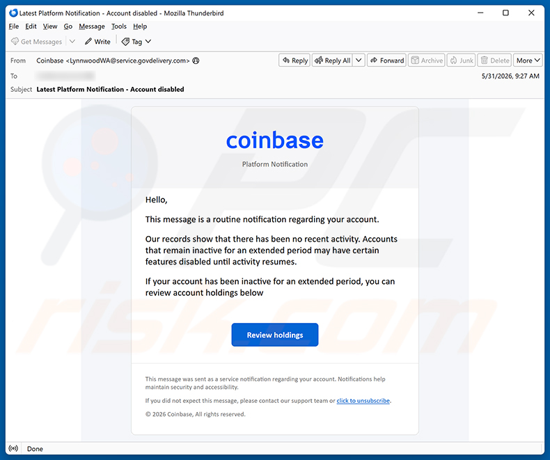 Coinbase - Disablement Of Inactive Accounts E-Mail-Betrug E-Mail-Spam-Kampagne