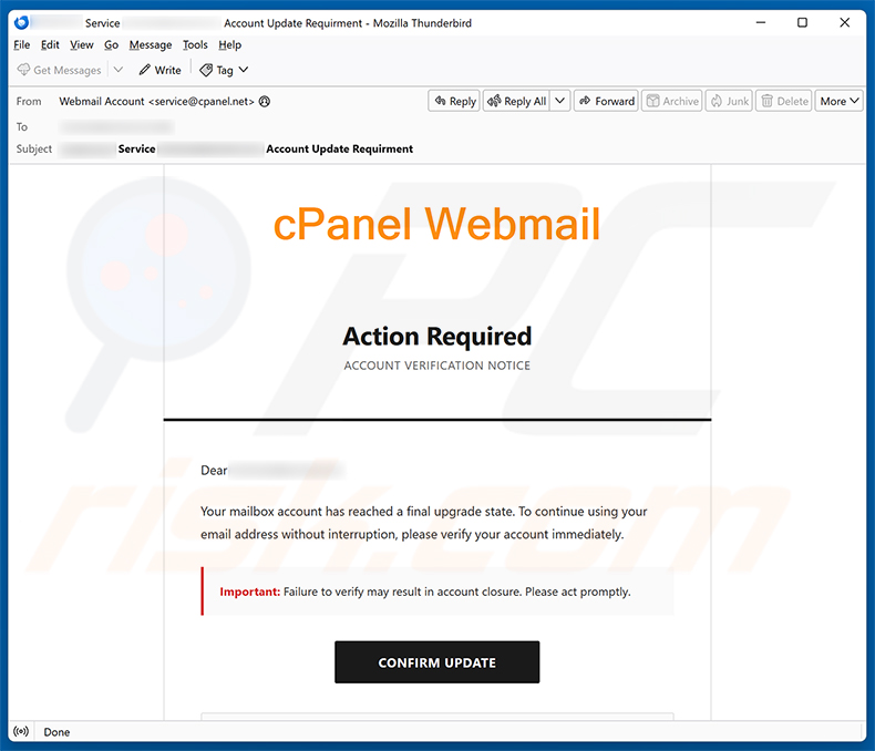 cPanel Final Account Upgrade State E-Mail-Spam-Kampagne