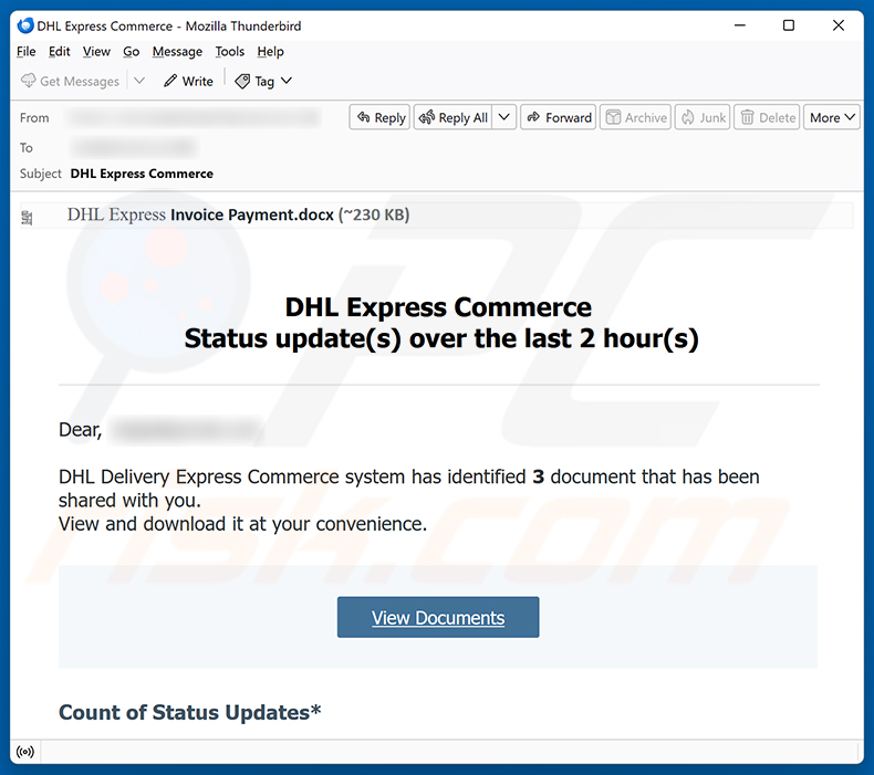 DHL Express Commerce Status Update E-Mail-Betrug Spam-Kampagne