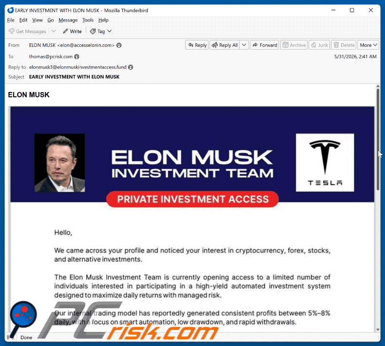 Vollständige Darstellung der Elon Musk Investment Team Betrugs-E-Mail