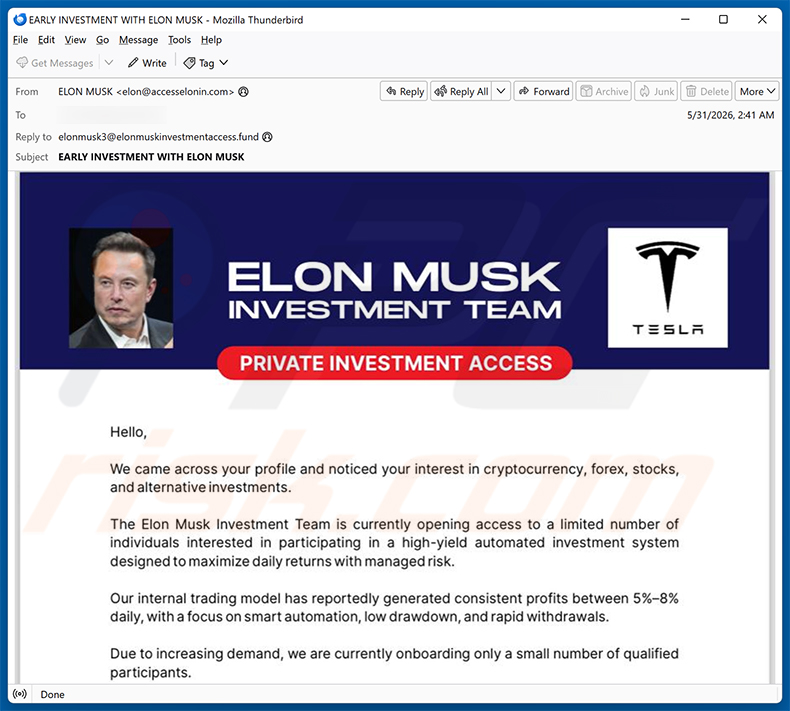 Elon Musk Investment Team E-Mail-Spam-Kampagne
