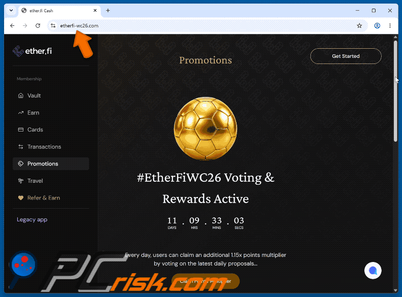 Erscheinungsbild des EtherFiWC26 Voting Rewards Scam Betrugs (GIF)