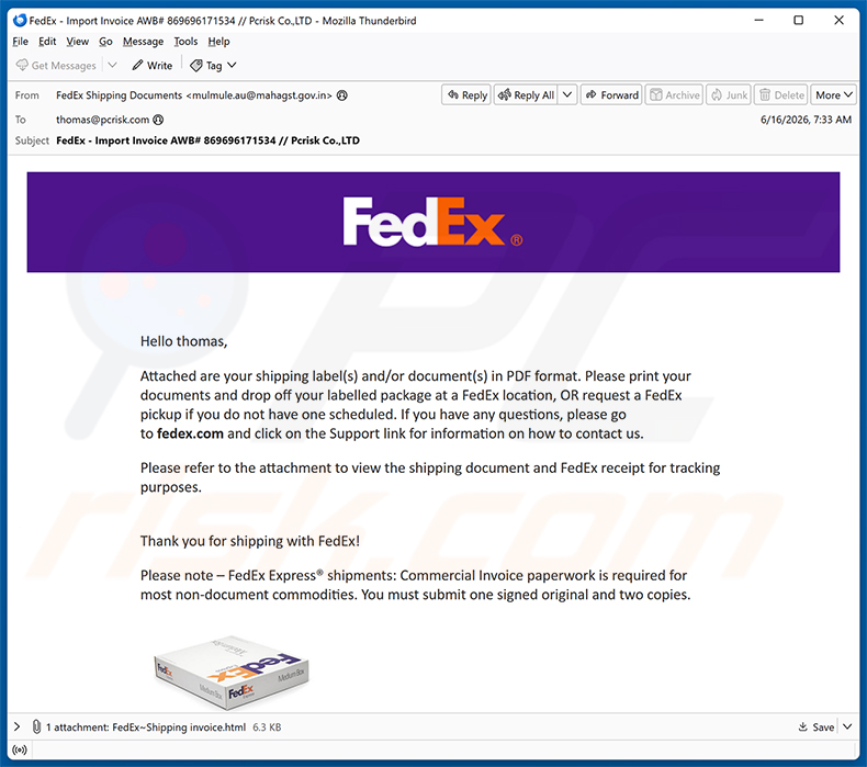 FedEx Shipping Labels/Documents In PDF Format E-Mail-Betrug Spam-Kampagne