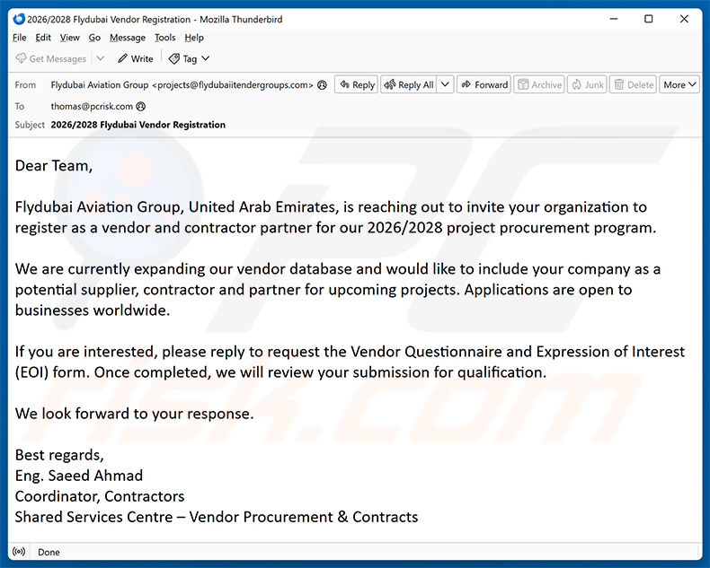 Flydubai Vendor Registration Spam-E-Mail-Kampagne
