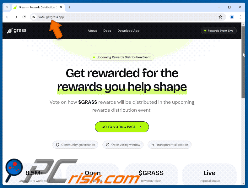 Erscheinungsbild des Grass Vote Rewards Betrug-Betrugs (GIF)