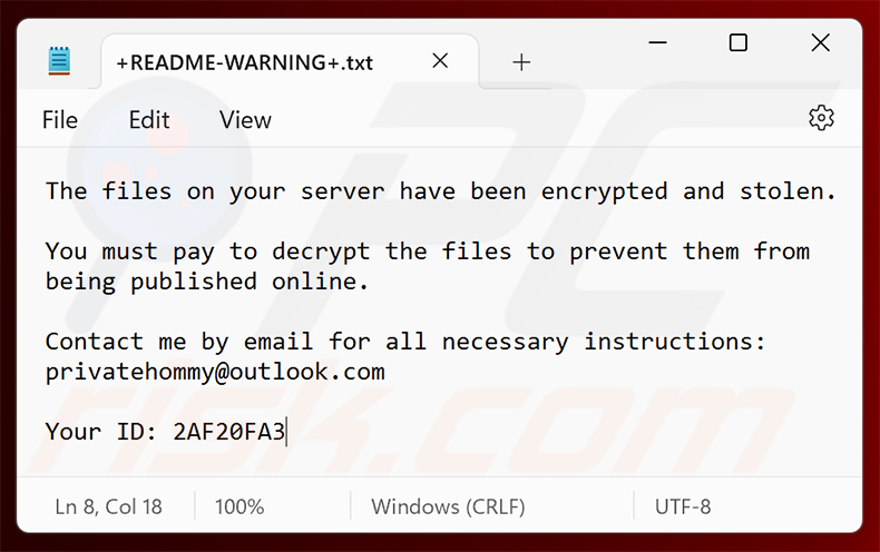 Lösegeldforderung der Hommy-Ransomware (+README-WARNING+.txt)