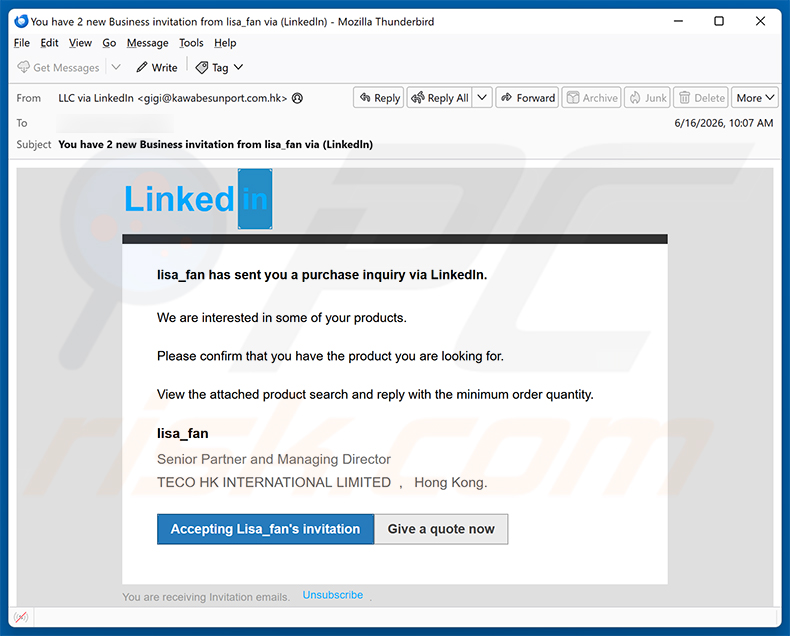 LinkedIn Purchase Inquiry E-Mail-Betrug Spam-Kampagne