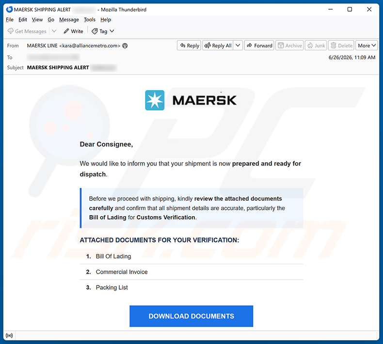 MAERSK Shipment Ready For Dispatch E-Mail-Spam-Kampagne