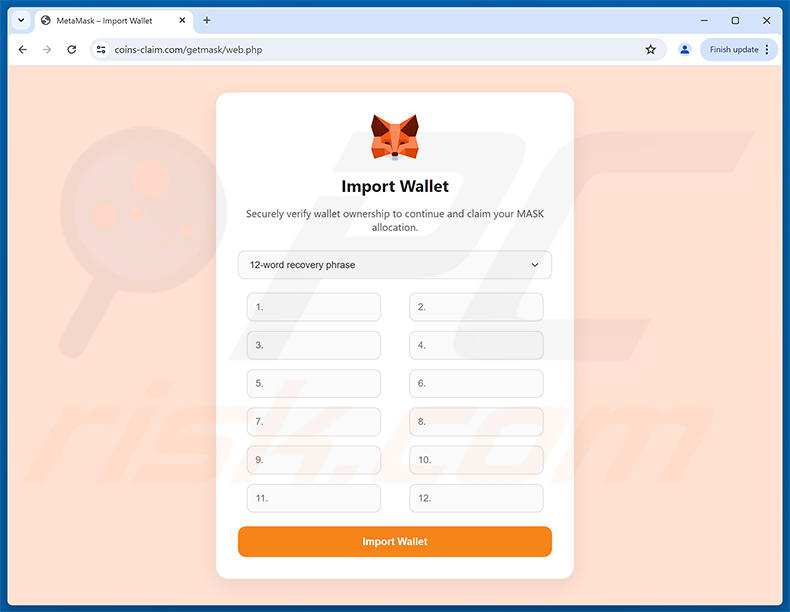 MetaMask ($MASK) Token Allocation Phishing-Seite (Stufe 3 - gefälschte Import Wallet-Seite)