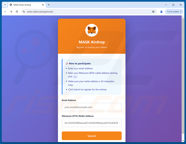 MetaMask ($MASK) Token Allocation Phishing-Seite (Stufe 1 - Airdrop-Registrierungsformular)
