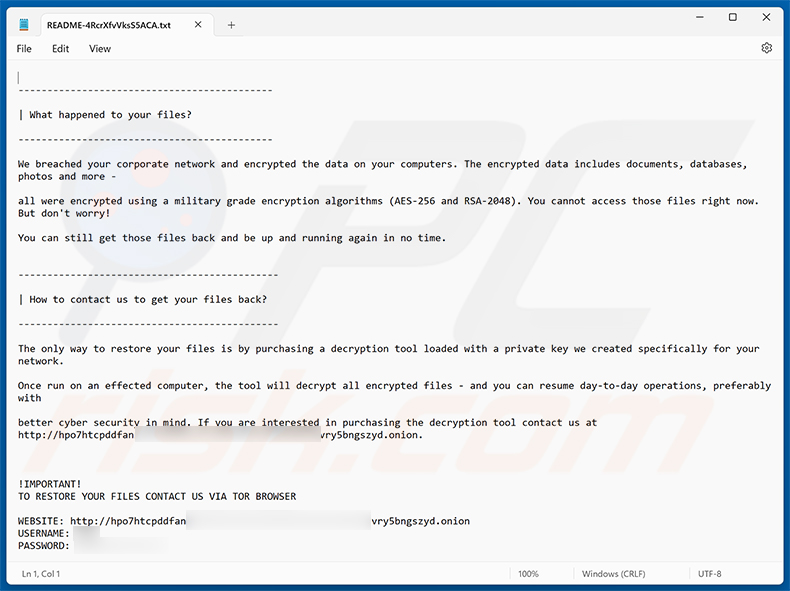 MORTAR Ransomware Lösegeldforderung (README-4RcrXfvVksS5ACA.txt)