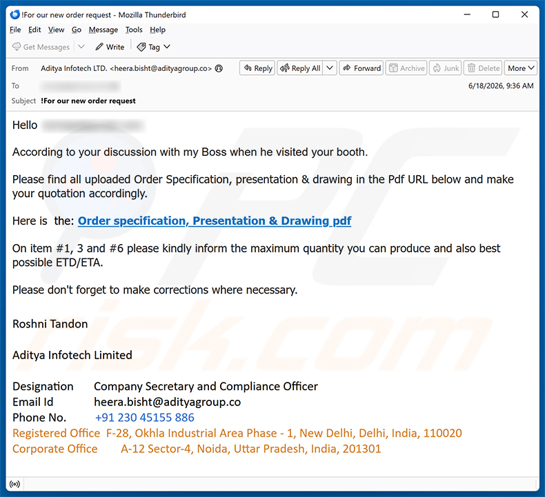 Order Specification, Presentation & Drawing E-Mail-Betrug Spam-Kampagne