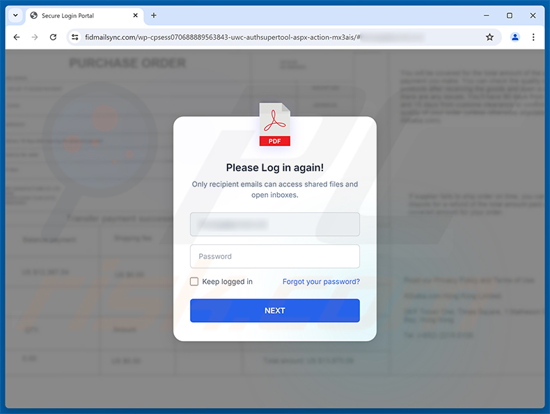 Order Specification, Presentation & Drawing E-Mail-Betrug Phishing-Seite