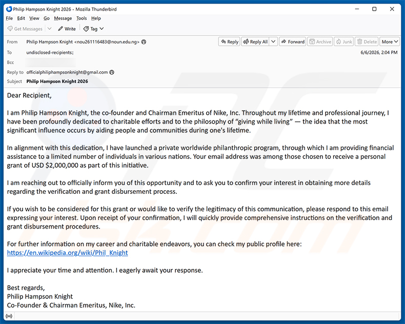 Private Worldwide Philanthropic Program E-Mail-Spam-Kampagne