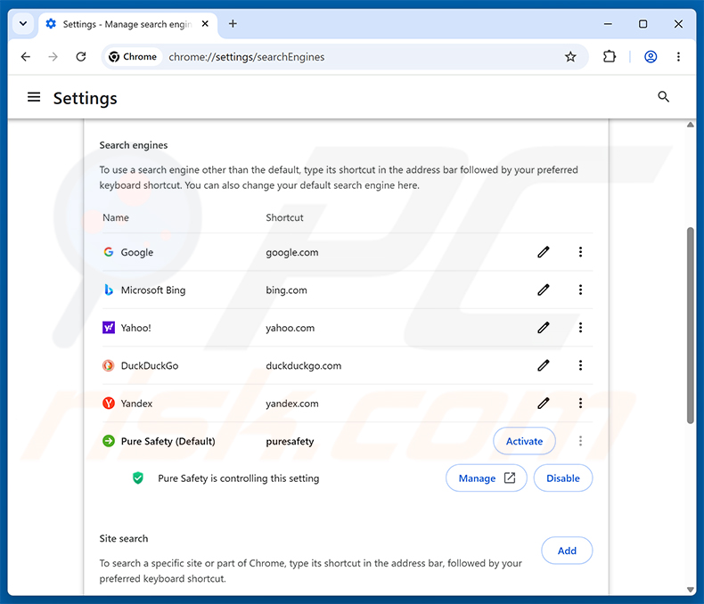 Entfernen von Pure Safety (pureextension.net) aus der standardmäßigen Suchmaschine von Google Chrome