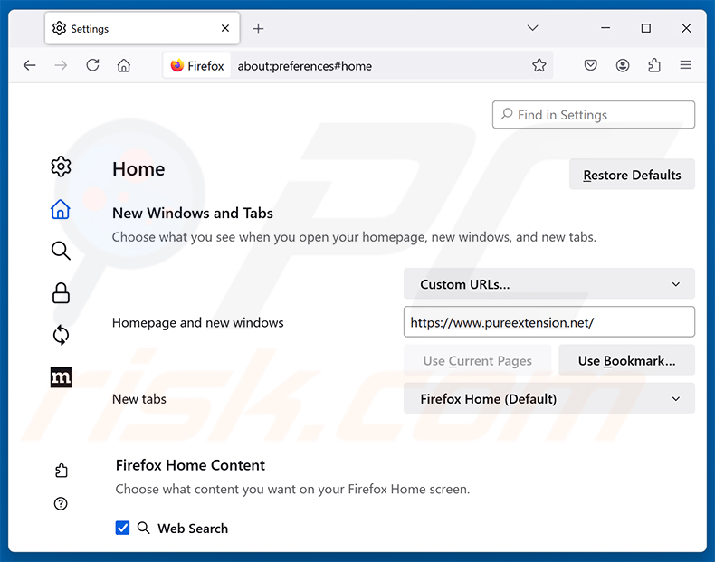 Entfernen von Pure Safety (pureextension.net) aus der Mozilla Firefox-Startseite