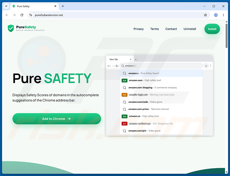 Pure Safety (pureextension.net) Browserentführer offizielle Werbe-Webseite (Beispiel 1)