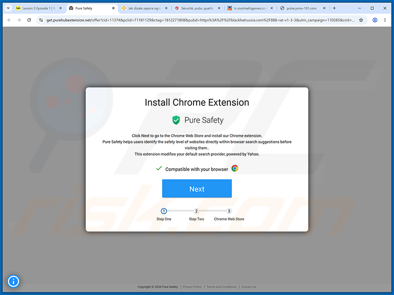 Pure Safety (pureextension.net) Browserentführer offizielle Werbe-Webseite (Beispiel 2)
