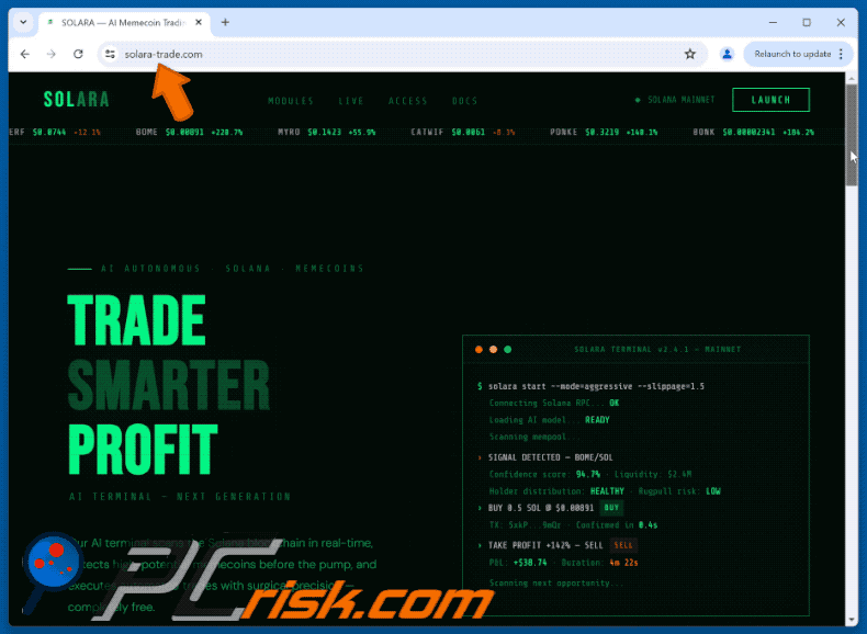 Erscheinungsbild des SOLARA — AI Memecoin Trading Terminal On Solana Betrugs (GIF)