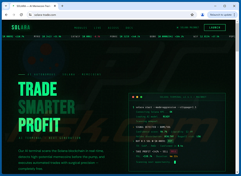 SOLARA — AI Memecoin Trading Terminal On Solana Betrug (solara-trade[.]com)