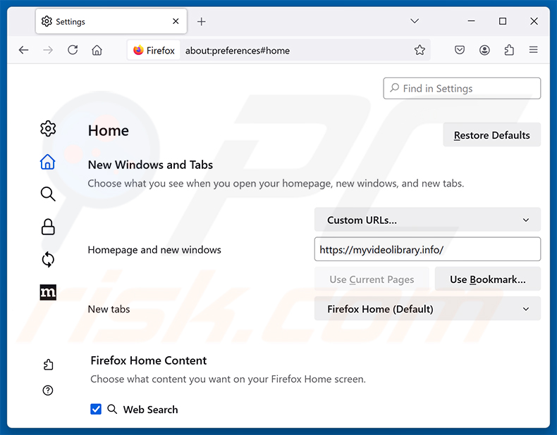 Entfernen von Video Search Extension (myvideolibrary.info) aus der Mozilla Firefox-Startseite