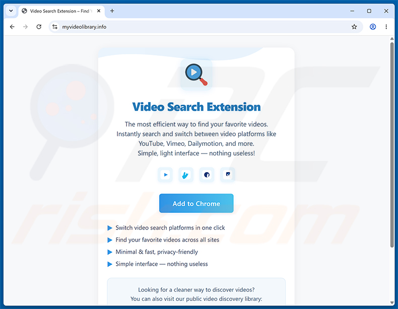 Website, die den Video Search Extension (myvideolibrary.info) Browserentführer bewirbt