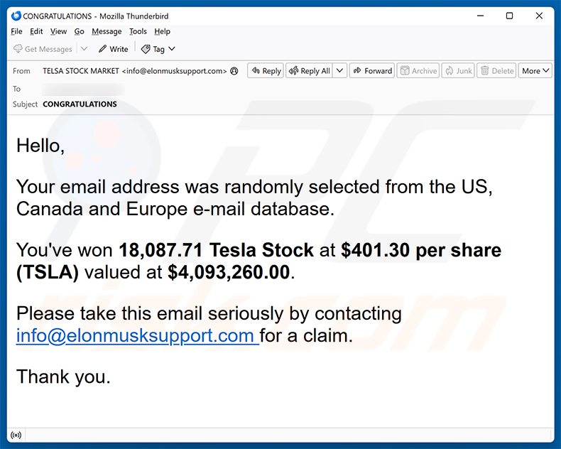 Spam-Kampagne der E-Mail „You've Won Tesla Stock