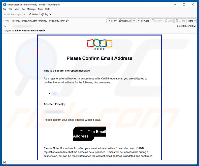 Zoho Email Address Verification Scam E-Mail-Spam-Kampagne