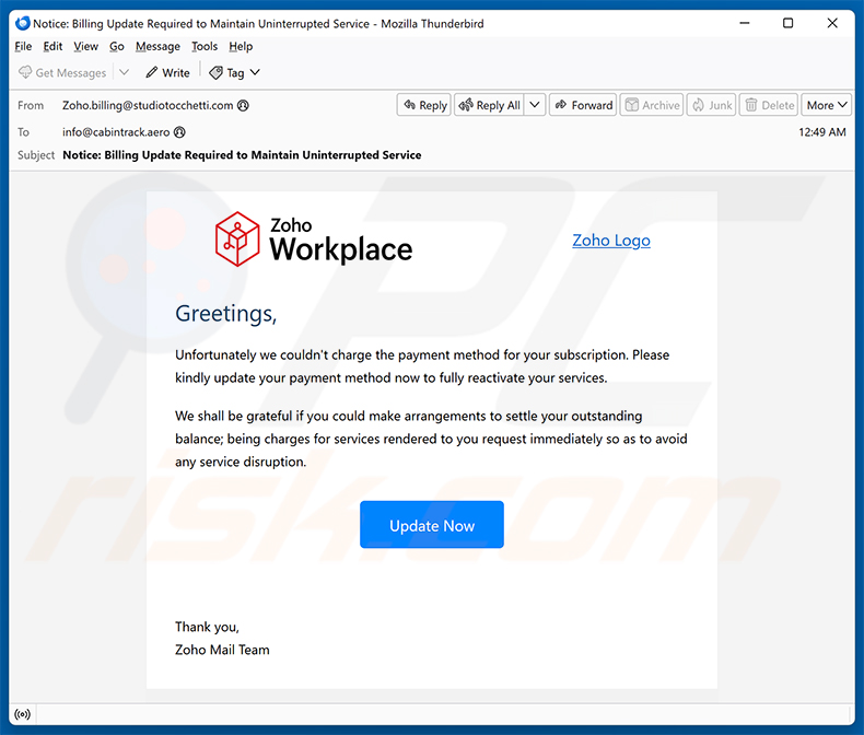 Spam-Kampagne der E-Mail Zoho Workplace Payment Method Update