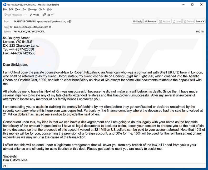 Assistance In Claiming The Money E-Mail-Betrug
