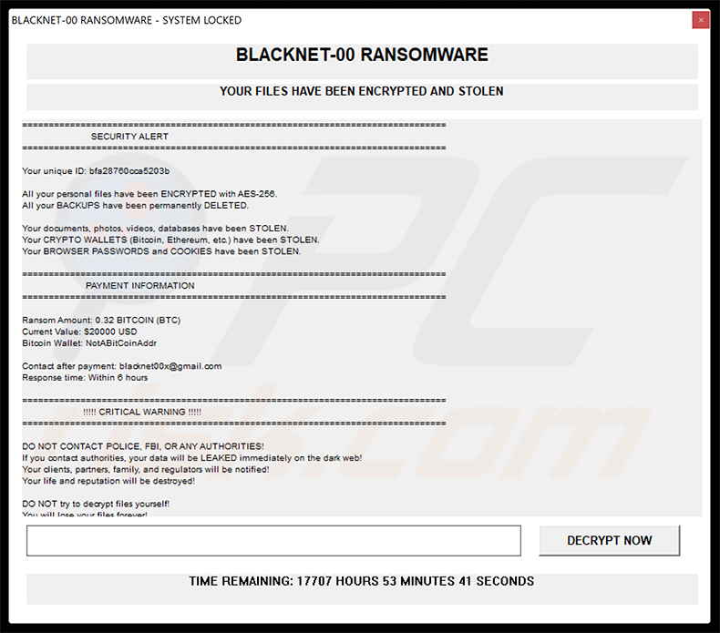 Pop-up-Fenster der BLACKNET-Ransomware
