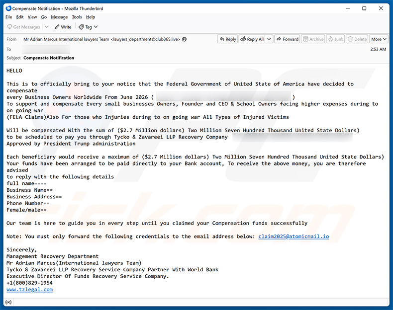 Business Owner Compensation Email Scam E-Mail-Spam-Kampagne