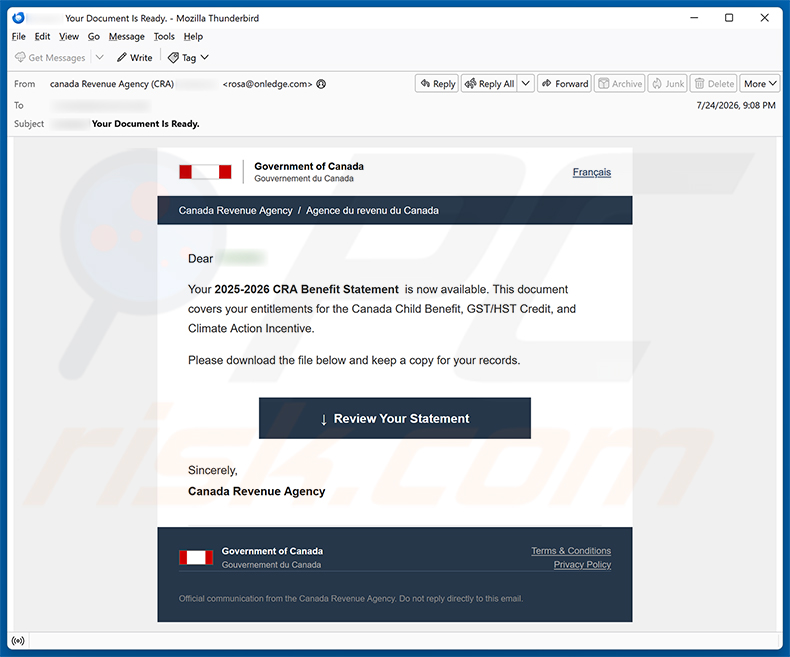 Canada Revenue Agency (CRA) Benefit Statement E-Mail-Spam-Kampagne