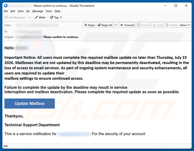 Complete The Required Mailbox Update E-Mail-Betrug Spam-Kampagne
