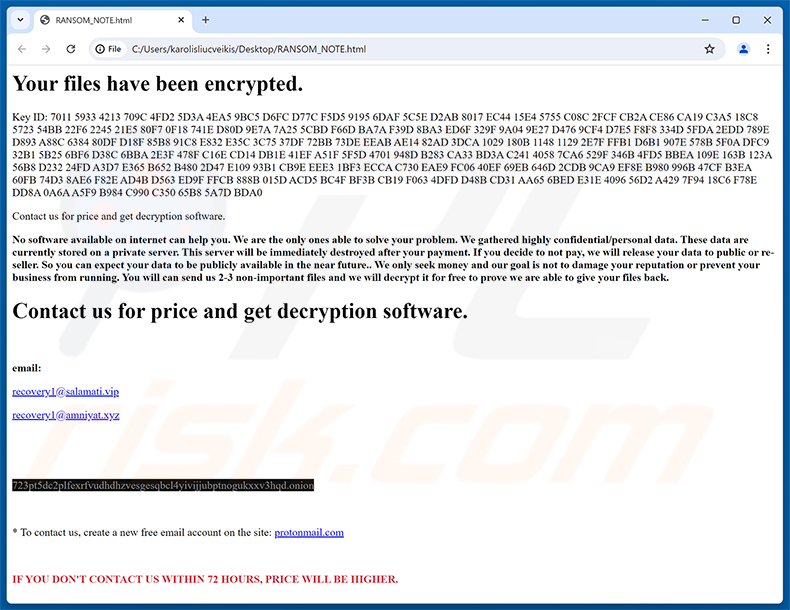 Lösegeldforderung der Developer-Ransomware (RANSOM_NOTE.html)