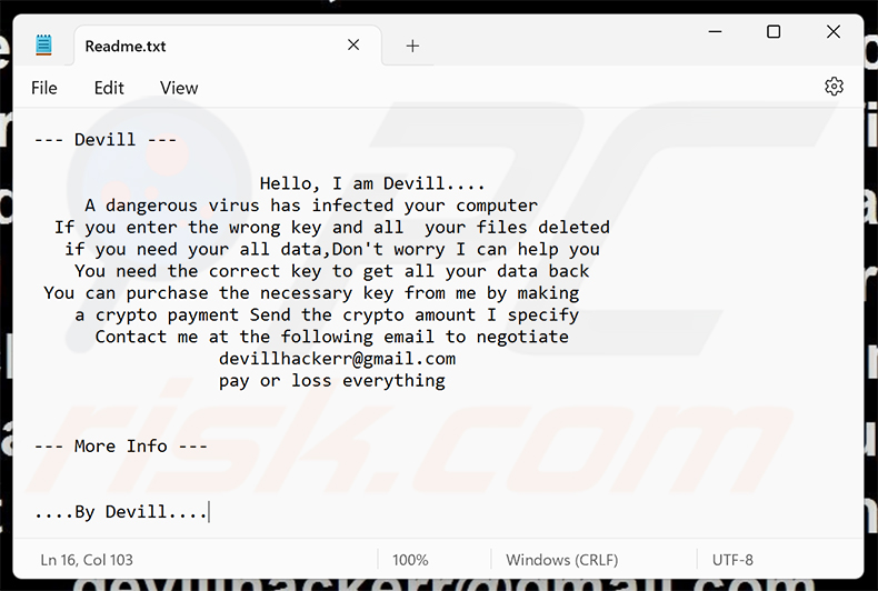 Lösegeldforderung der Devill-Ransomware (Readme.txt)