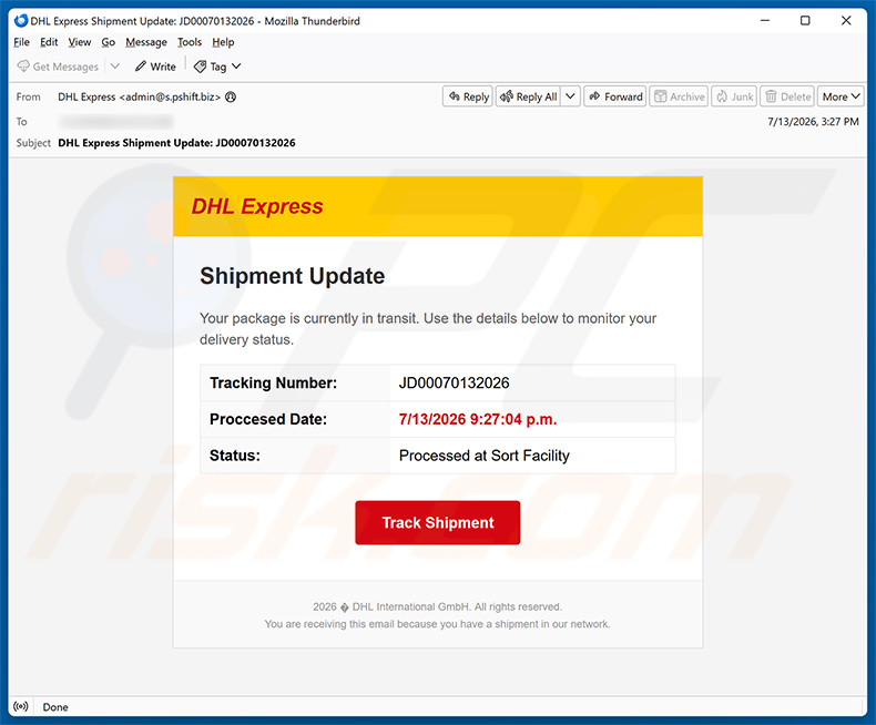 Spam-Kampagne der E-Mail „DHL Express Shipment Update