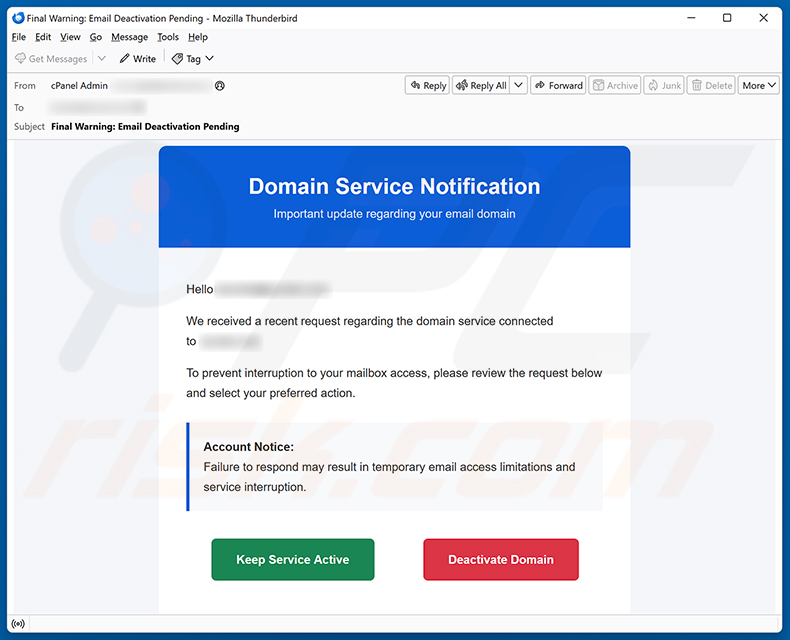 Domain Service Deactivation E-Mail-Spam-Kampagne
