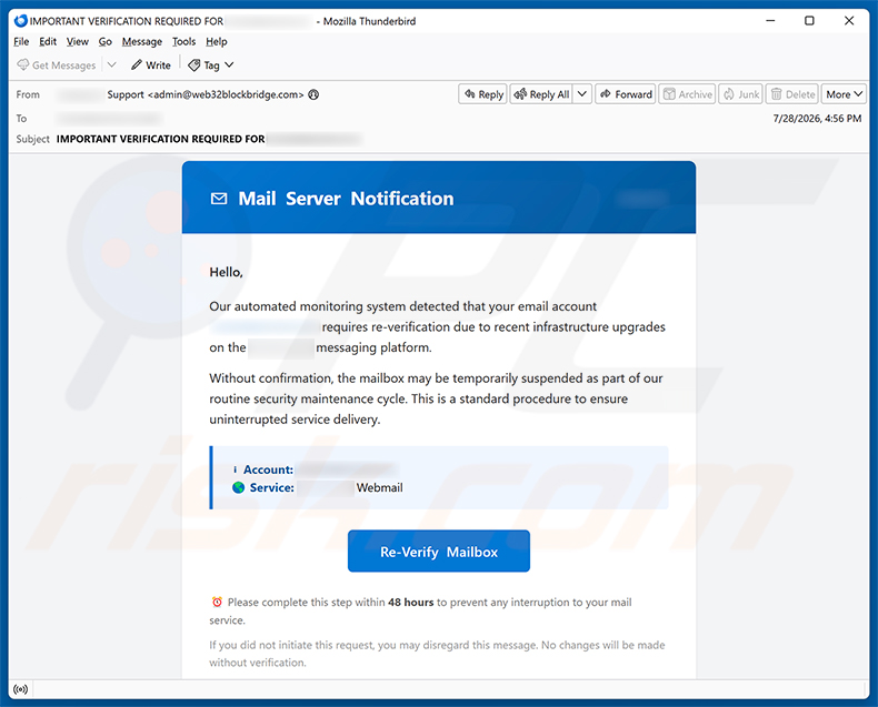 Email Account Requires Re-Verification Betrug - E-Mail-Spam-Kampagne