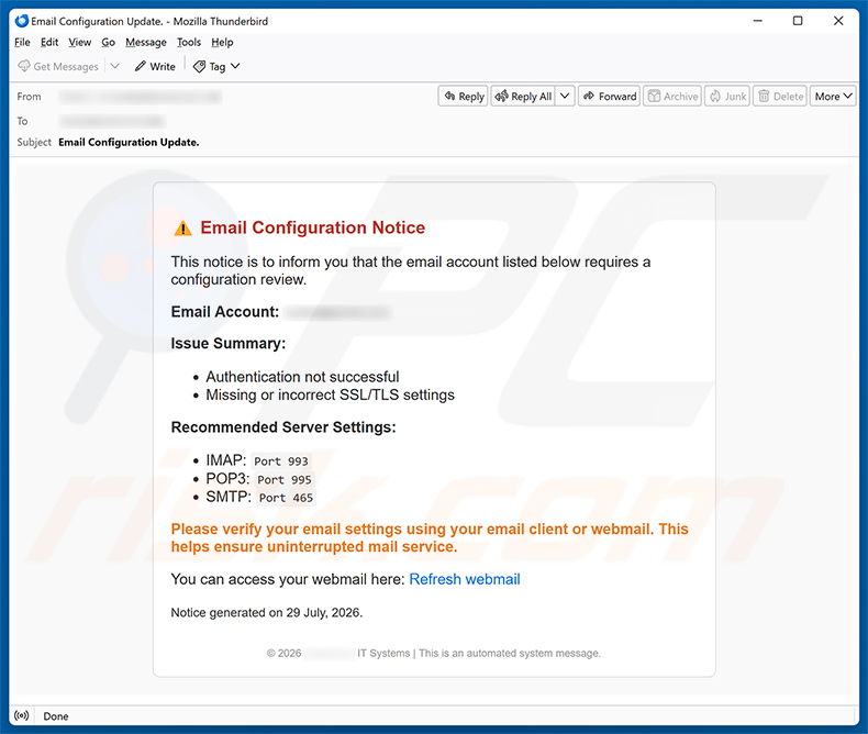 Email Configuration Notice Betrug-E-Mail-Spam-Kampagne