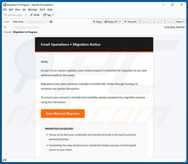 Email Migration Notice Scam E-Mail-Spam-Kampagne