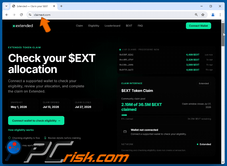 Erscheinungsbild von Extended ($EXT) Allocation Betrug (GIF)