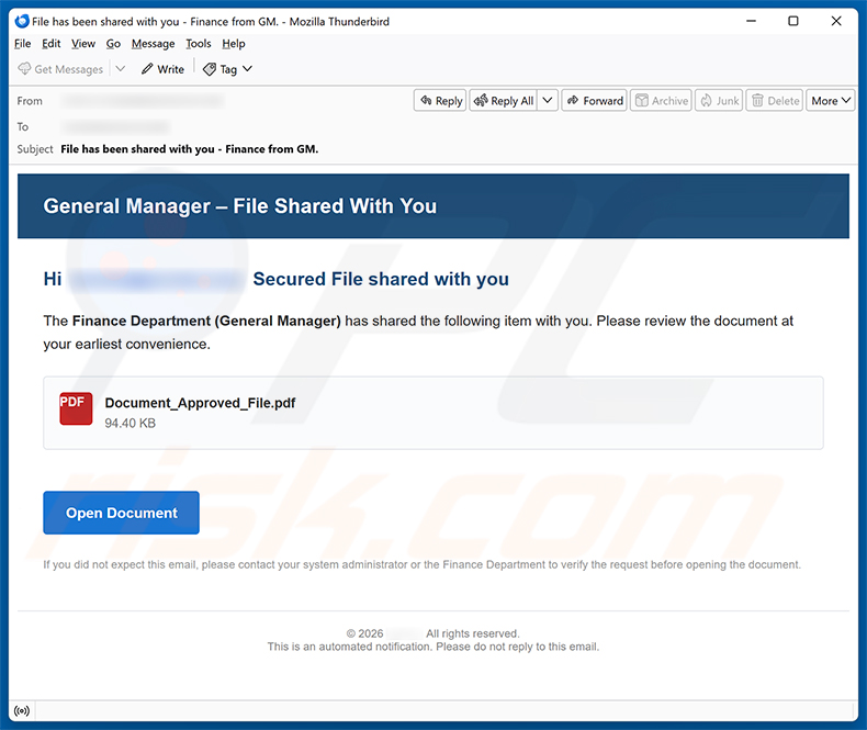 Finance Department (General Manager) Secure File E-Mail-Spam-Kampagne